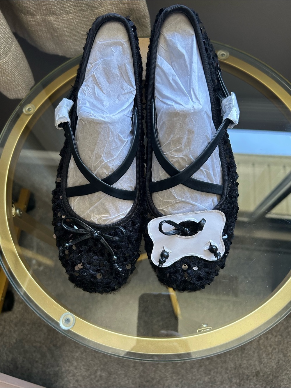 Sam Edelman Circus Black Sequin Ballet Flats with Cross Straps - Women